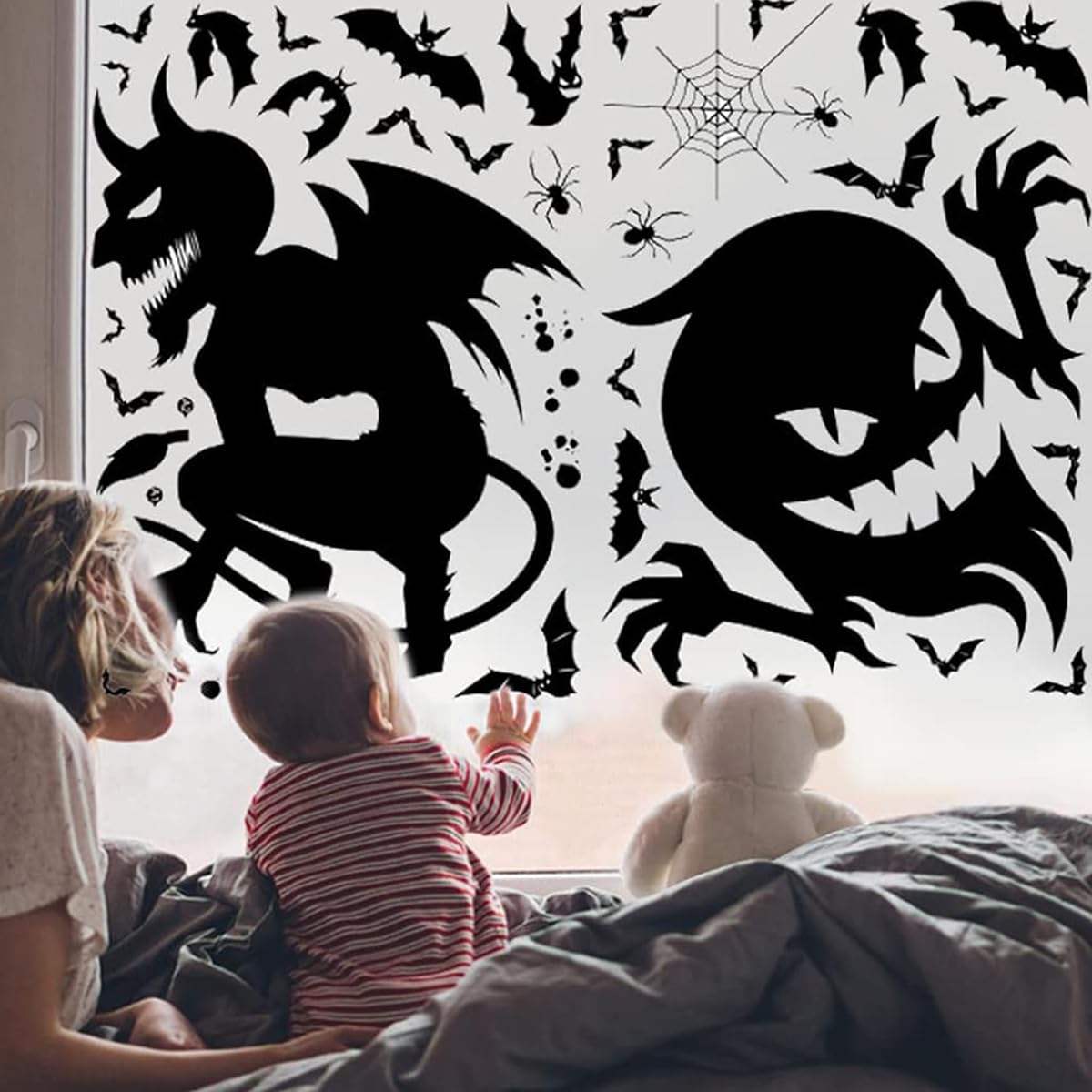 HASTHIP® Halloween Window Decals Spooky Ghost Devil Window Stickers Black Silhouette Non-Adhesive Halloween Wall Stickers Halloween Party Room Decor