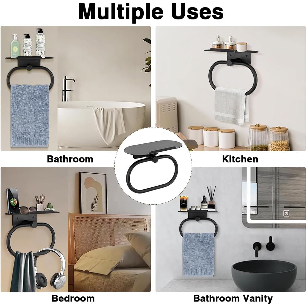 HASTHIP Round Towel Ring with Shelf for Bathroom and Kitchen featuring Self Adhesive Wall Mount | Space Saving Steel Organizer