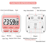 LCD Digital Timer Magnet Alarm Clock 24hs Countdown Timer Time Reminder Baking Timer with Folding Bracket Battery Powered Timer for Kitchen, Study, Working Out, Pink