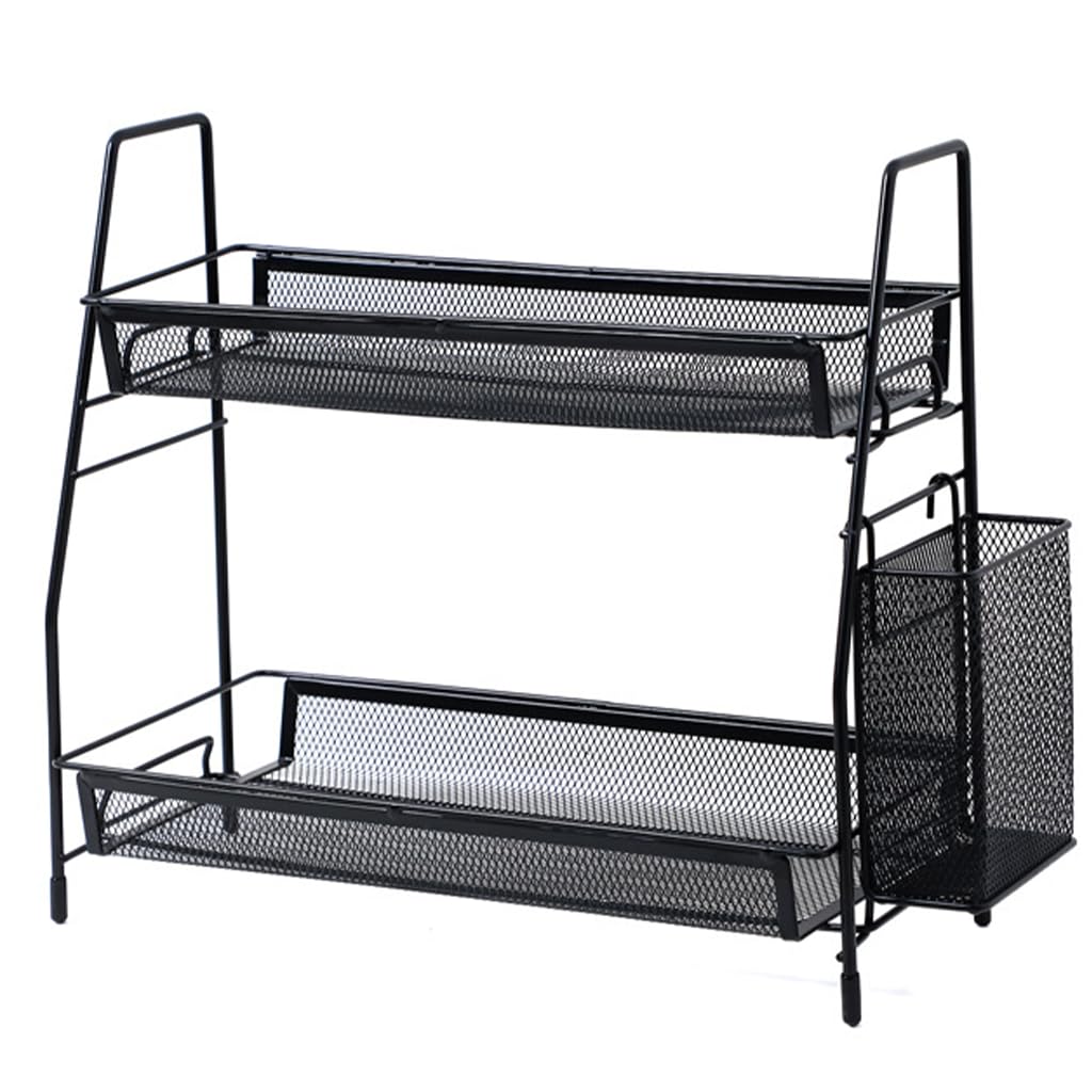 HASTHIP Desk Organizer Rack for Office and Kitchen Use with Double Layer Storage 35.5x20x33 cm | Metal Mesh Design and Side Hanging Case