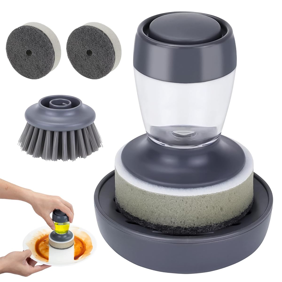 HASTHIP Liquid Soap Dispenser Brush for Kitchen Cleaning with Drip Tray & 2 Sponges