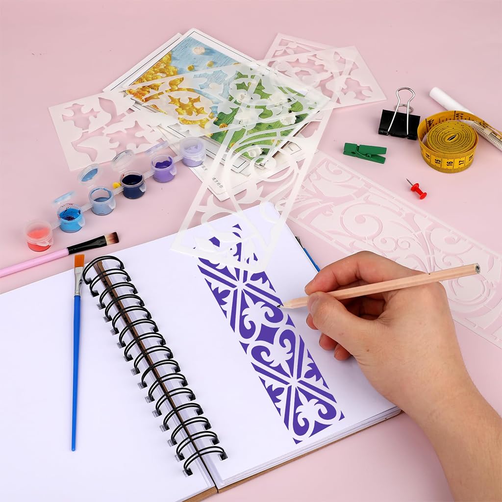 HASTHIP® 12Pcs Painting Stencils for Wooden Crafts Spray Painting Stencils Assorted Aesthetic Decorative Pattern Templets DIY Engraving Crafts Pattern Templets, Cake Decorating Stencils, 28x7.6cm