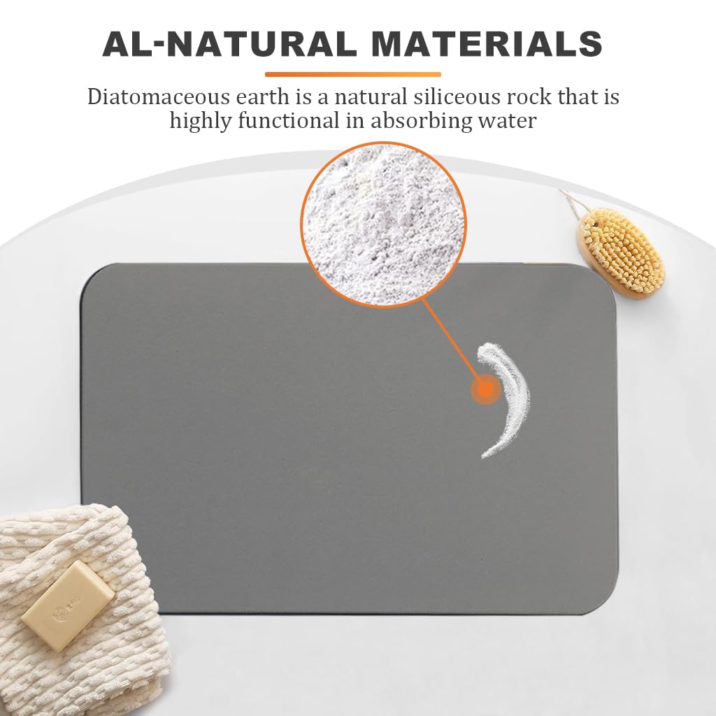 HASTHIP Bath Mat for Bathroom with Double Sided Anti Skid Base 15.75x11.8 in Grey | Quick Dry Diatomaceous Earth Surface
