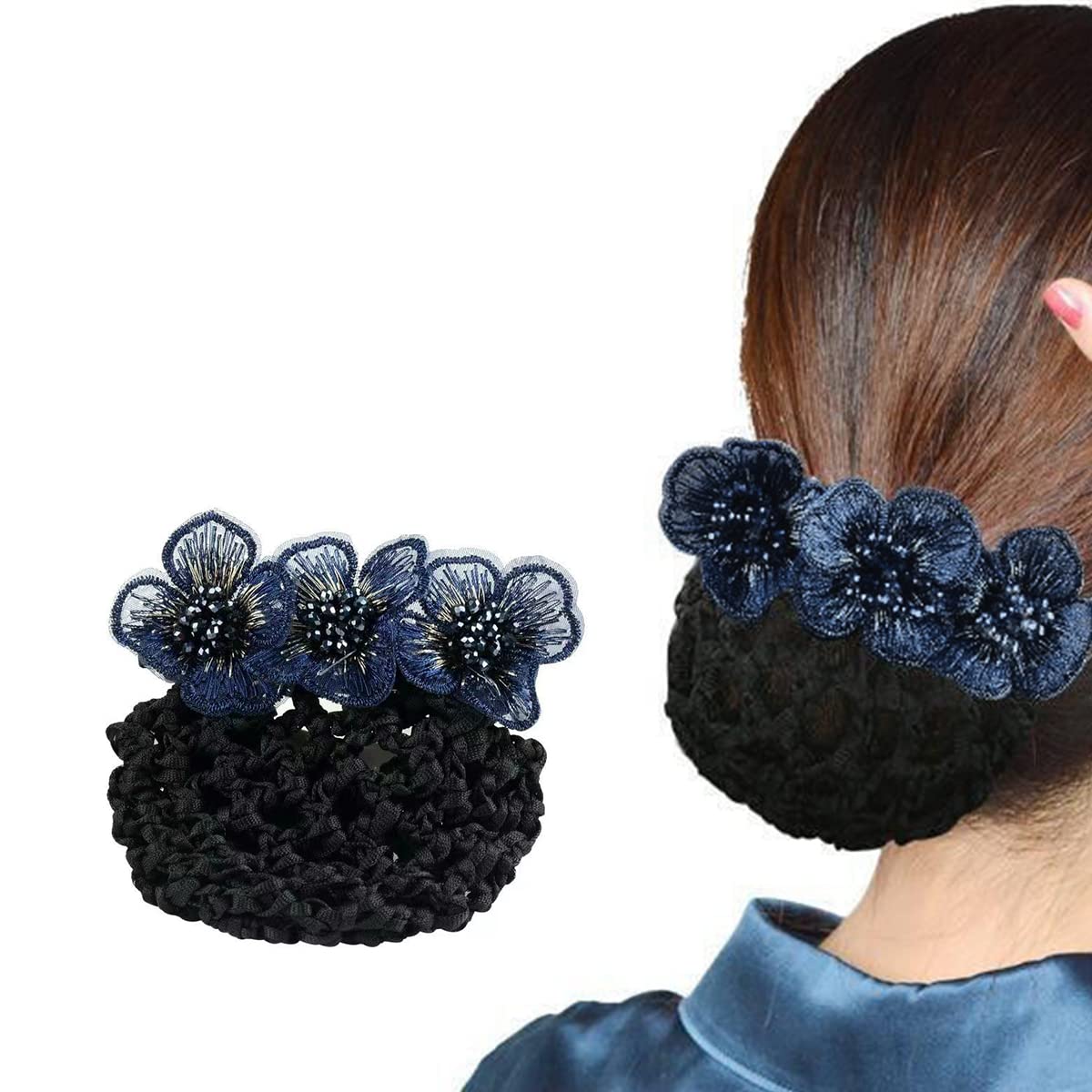 HASTHIP® Red de Moño con Flor Bordada, Accesorio Elegante para Mujer, Clip de Pelo con Malla Reforzada, Cubierta Tejida para Trabajo, Danza, Enfermera y Uso Diario