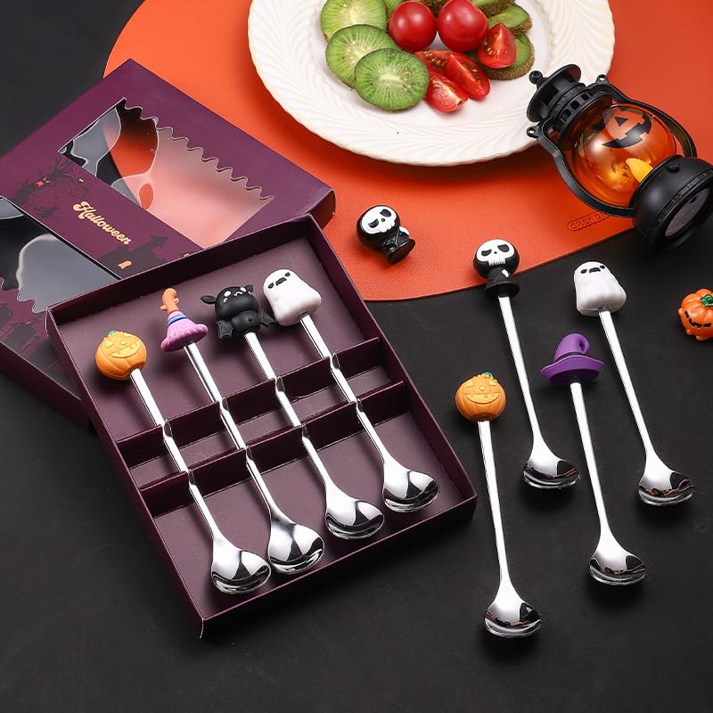 HASTHIP® 4Pcs Halloween Coffee Spoon Cute Halloween-Themed Topper Charm Kitchen Cutleries Stainless Steel Festive Dessert Spoon Set Gift