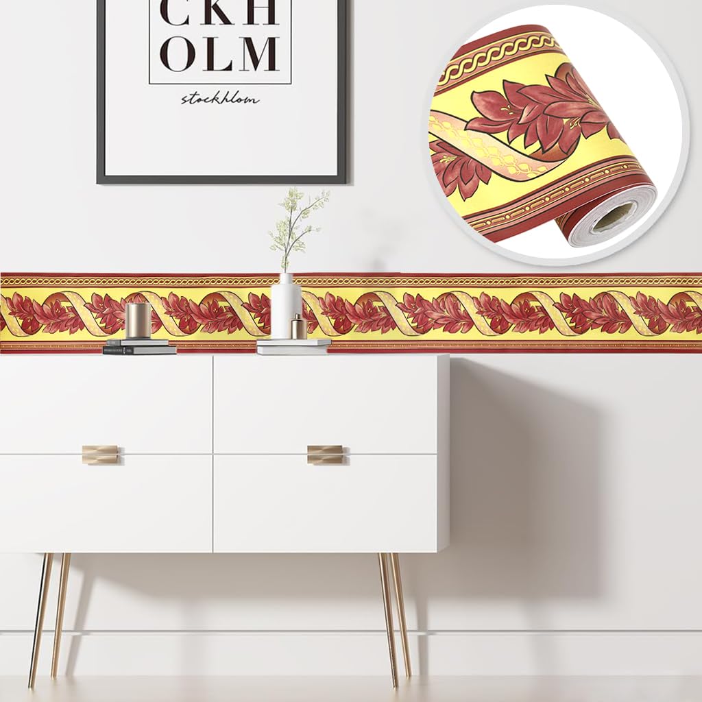 HASTHIP Waterproof Floral Wall Stickers for Kitchen and Bathroom 3.9 in × 29.5 ft PVC Border | Reddish Brown Self Adhesive Trim
