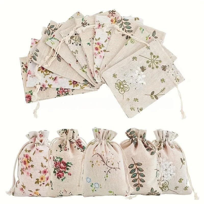 HASTHIP® 30PCS Floral Burlap Drawstring Bags Packing Storage Linen Jewelry Pouches Sacks for Christmas Party Shower Birthday