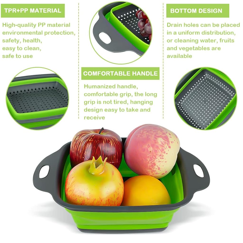 HASTHIP® 2-piece foldable silicone square retractable drain basket filter set, green-Green