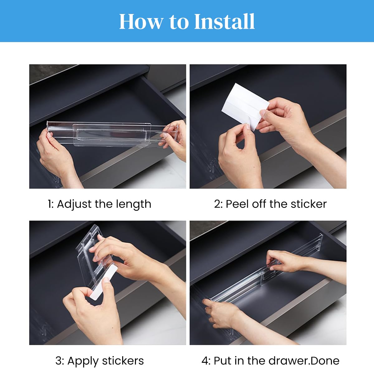 HASTHIP® 2Pcs Drawer Dividers Drawer Organizer Divider Adhesive Drawer Dividers 11''-20.5" Drawer Dividers Transparent Plastic Adhesive Drawer Dividers for Kitchen, Office, Wardrobe