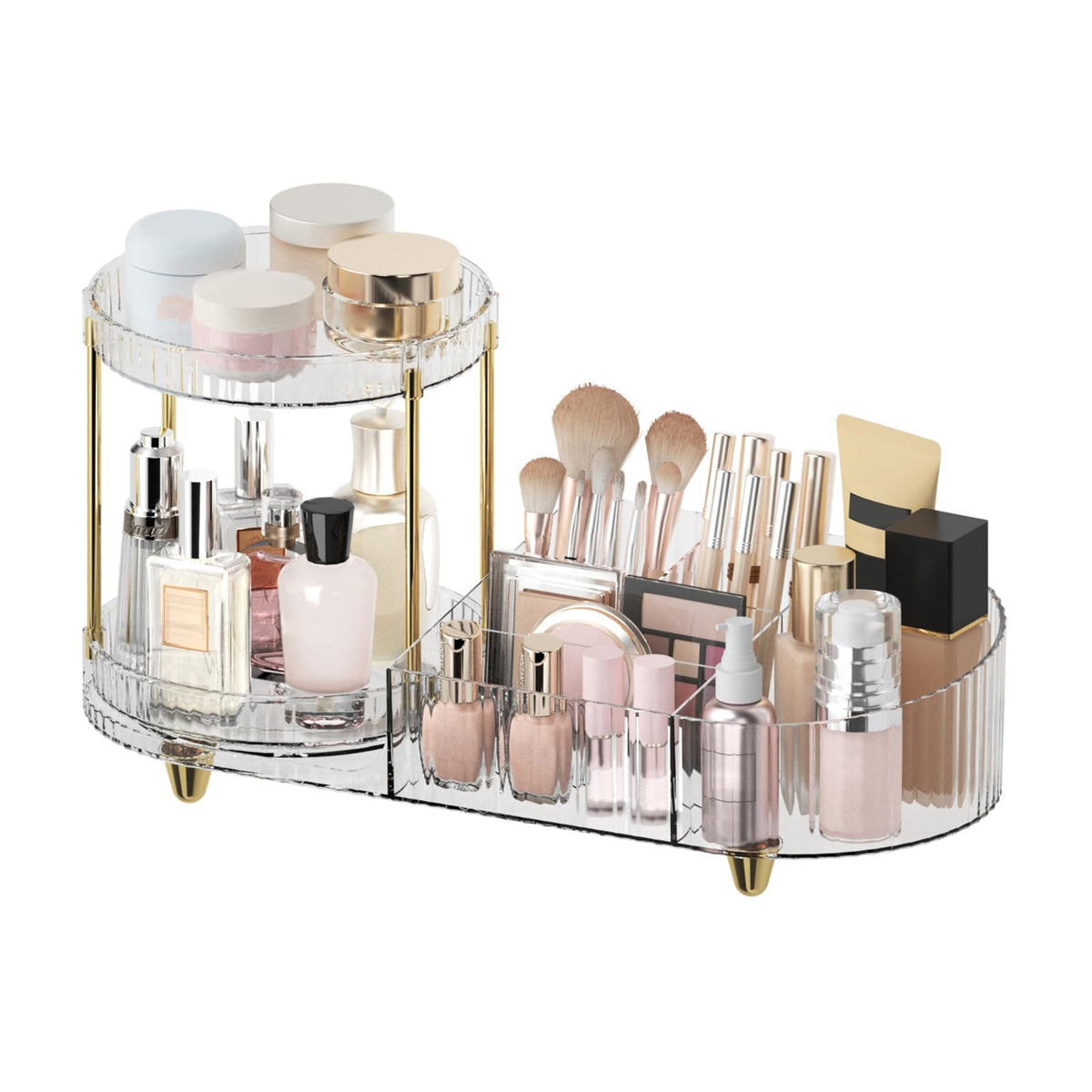 HASTHIP® Cosmetic Organizer Storage Box, Makeup Holder Stand with Rotatable Double Layer Storage Shelf and Multi-Compartment Tray for Dressing Table and Makeup Accessories