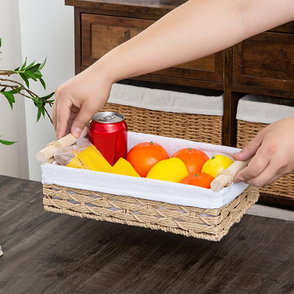 HASTHIP Desk Organizer for Bathroom and Dresser with Wooden Handle | 2 Sizes 30x20x10cm & 25x15x8cm Rustic Rattan Fabric Lined Storage Box
