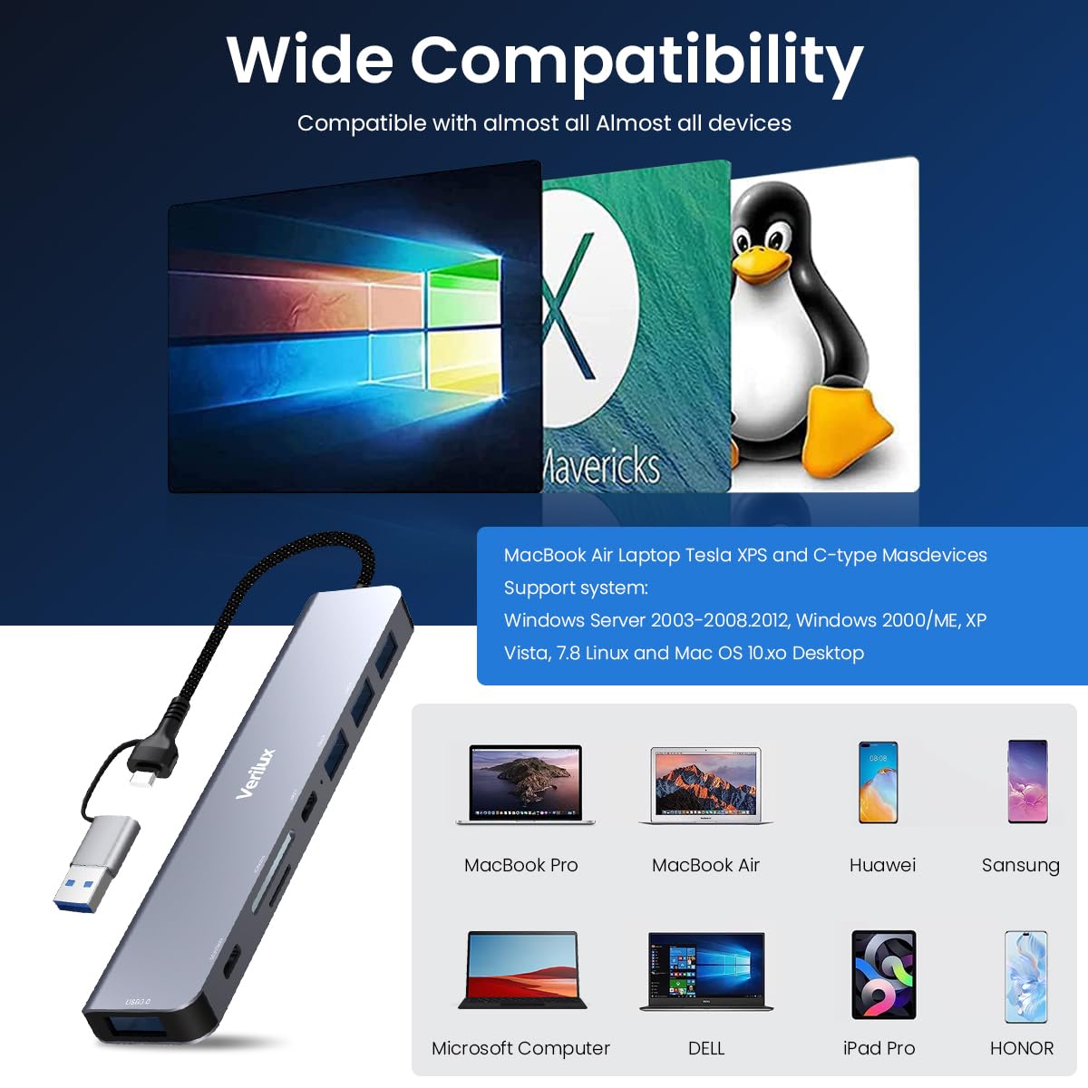 USB HUB 3.0 for PC 8 in 1 USB C HUB for Macbook Pro Air with 2.0/3.0 USB Adapter