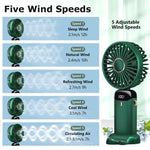 Mini Fan, Portable Fan with USB Charging, Hand & Desk Fan, 5 Speeds Fan with Lanyard, Fragrance Sheet and Base, Built-in 3000mAh Battery, Foldable 90°, LED Battery Level Display (Green)