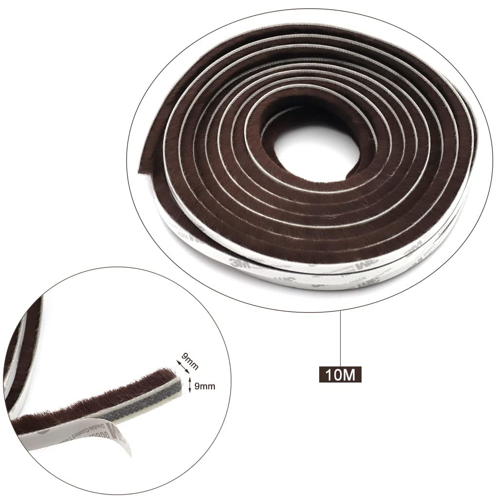 10 Meters Soundproof Window Sealing Strips, Windproof Dustproof Door Window Frame Seal Self Adhesive Brush Strip, Sliding Window Seal, Window Door Seal, Sliding Door Seal Strip (Brown)