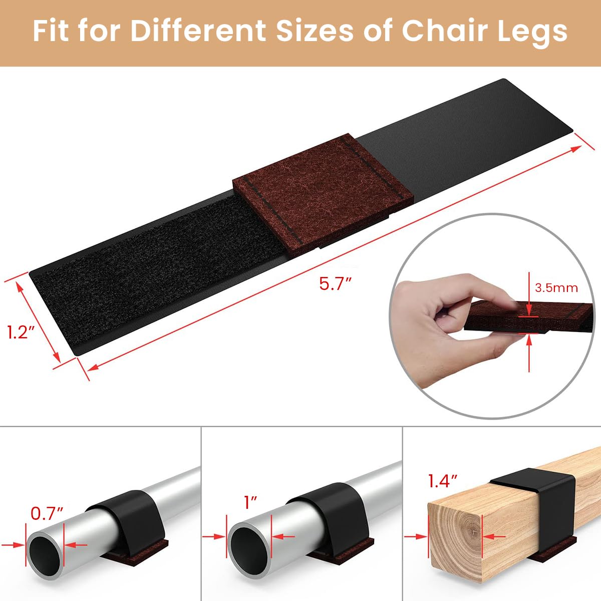 12pcs Chair Feet Pads Non-Skid Felt Pad Glides for Cantilever Chairs Noise Reduction Pads Floor ProtectorsHook and Loop Chair Feet Pad Straps for Cantilever Chair