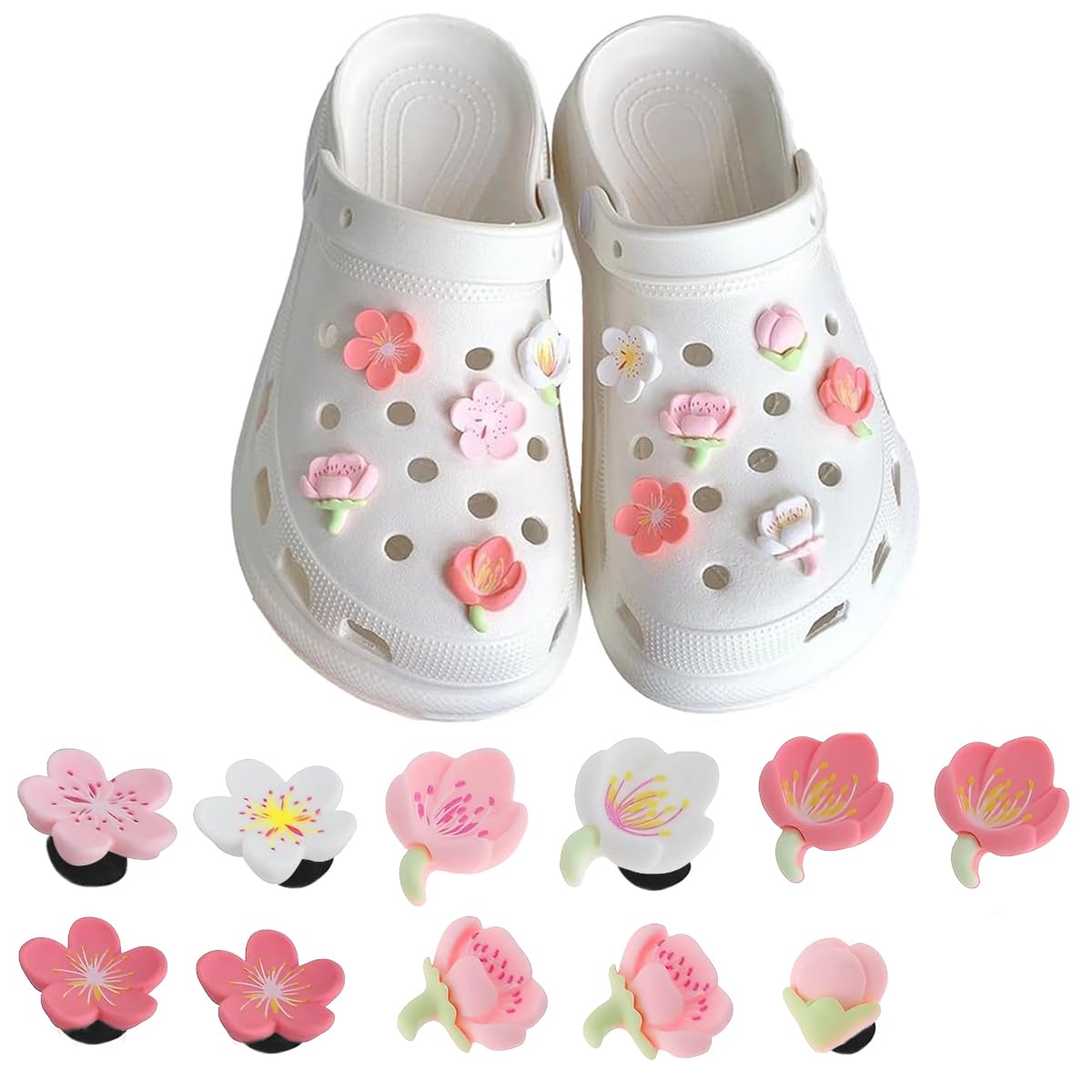 HASTHIP Clog Charms for Slippers with Secure Snap Attachment and 11 Assorted Flower Designs | Cute Rubber Shoe Accessories