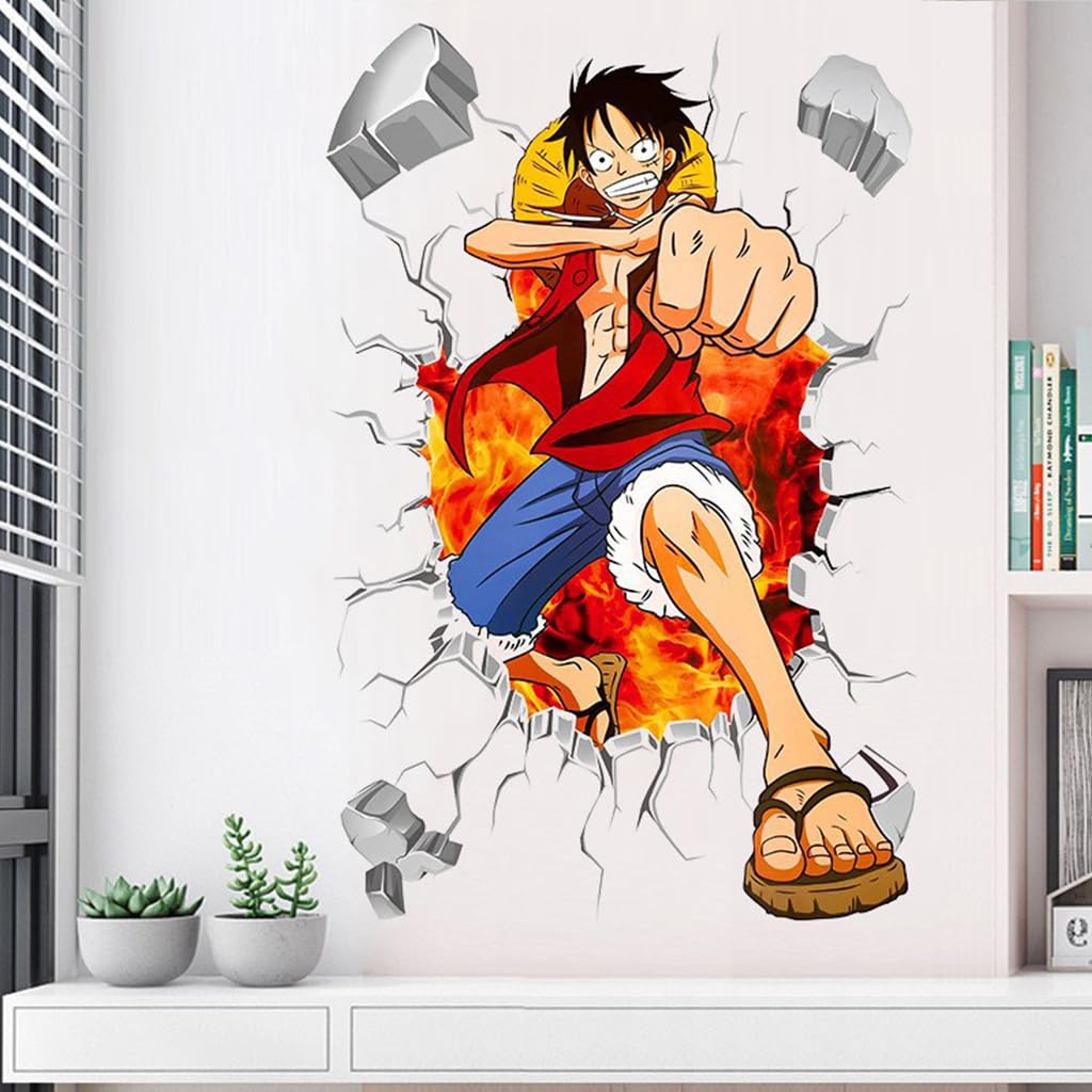 1 Sheet 3D Wall Paper Sticker Anime Onepiece Monkey D Luffy 3D Wall Paper Self Adhesive PVC Wall Paper Removable Cartoon 3D Wall Paper for Kids Room, Bed Room, Living Room, 19.6 x27.5 inches