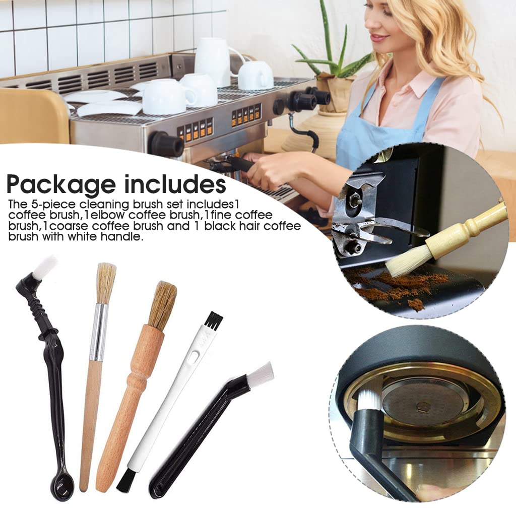 Coffee Brush Set, Professional Espresso Brush Kit, Include Wooden Coffee Grinder Machine Cleaning Brush and Nylon Espresso Brush for Coffee Machine Group Head (5Pcs)