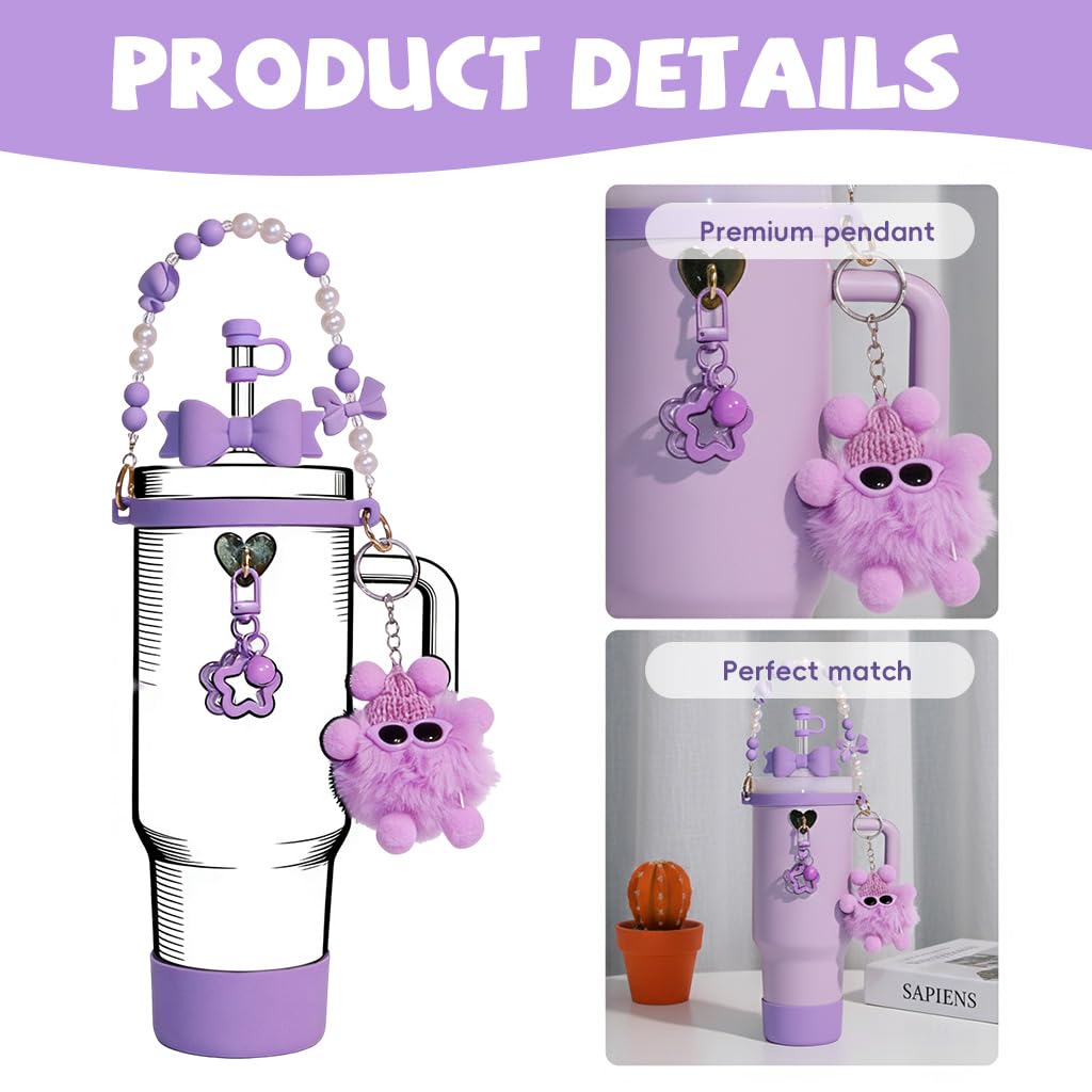 HASTHIP® Tumbler Cup Accessories Set for Stanley, 6Pcs Stylish Drinking Cup Accessories, Sweet Bow Beaded Cup Chain Handle, Bottom Sleeve Purple Bow Straw Charm, Straw Tip Cover, Cute Plush Charm