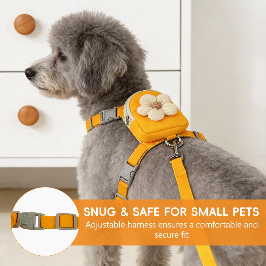 HASTHIP®Dog Cat Harness and Leash Set, Fabric Webbing Puppy Harness with Matching Leash, Mini Zipper Pouch & Cute Yellow Flower Accent, for 2-5kg Small Dogs Cats, L & M (Yellow, M)