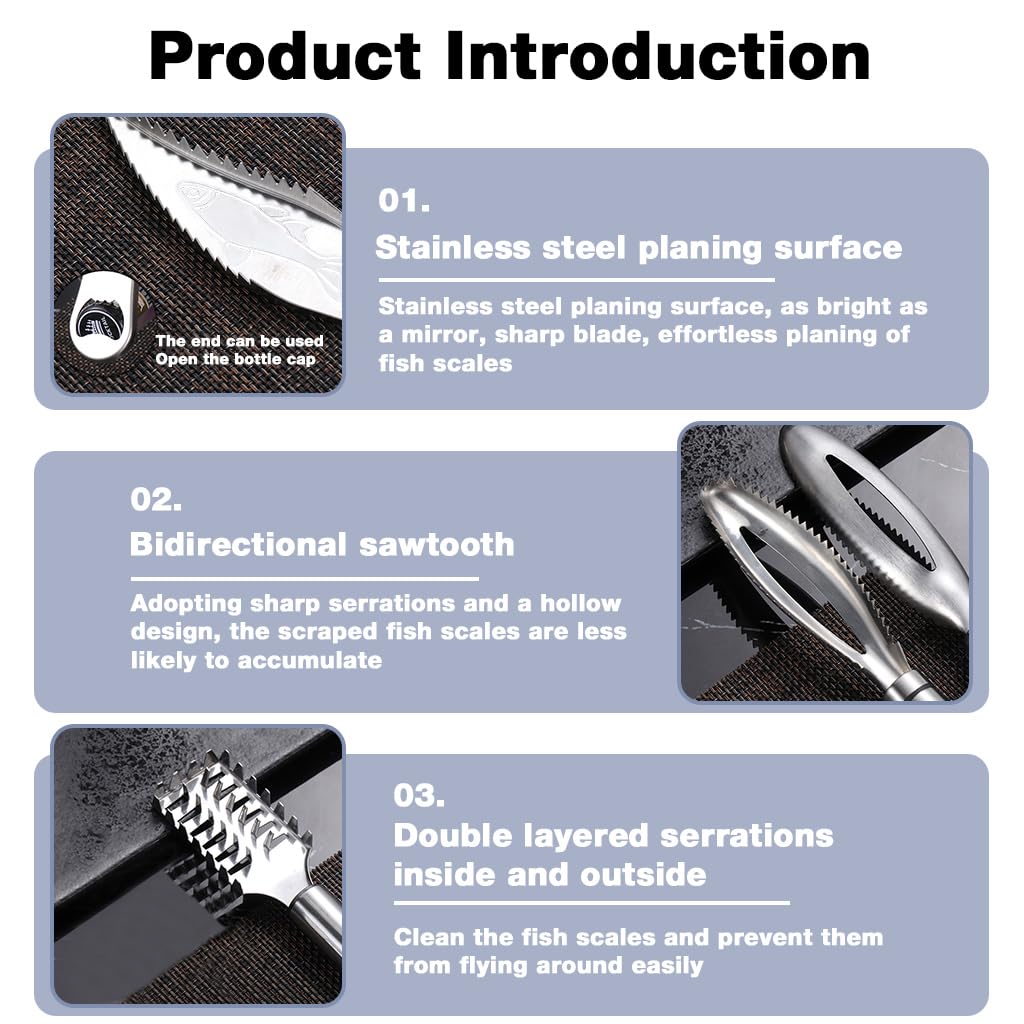 HASTHIP Fish Scaler Set for Easy Fish Cleaning featuring 3 PCS Ergonomic Handle Tools | 304 Stainless Steel