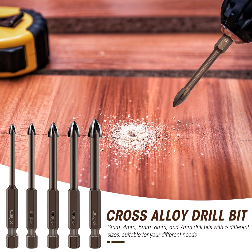 5Pcs Glass Tile Concrete Drill Bit Set, Multi-Function Triangle Cross Alloy Drill Bit Tip Tools, Hex Shank Tungsten Carbide Tip Drilling Tools for Glass, Ceramic Tile Wall, and Wood (3-7 mm)