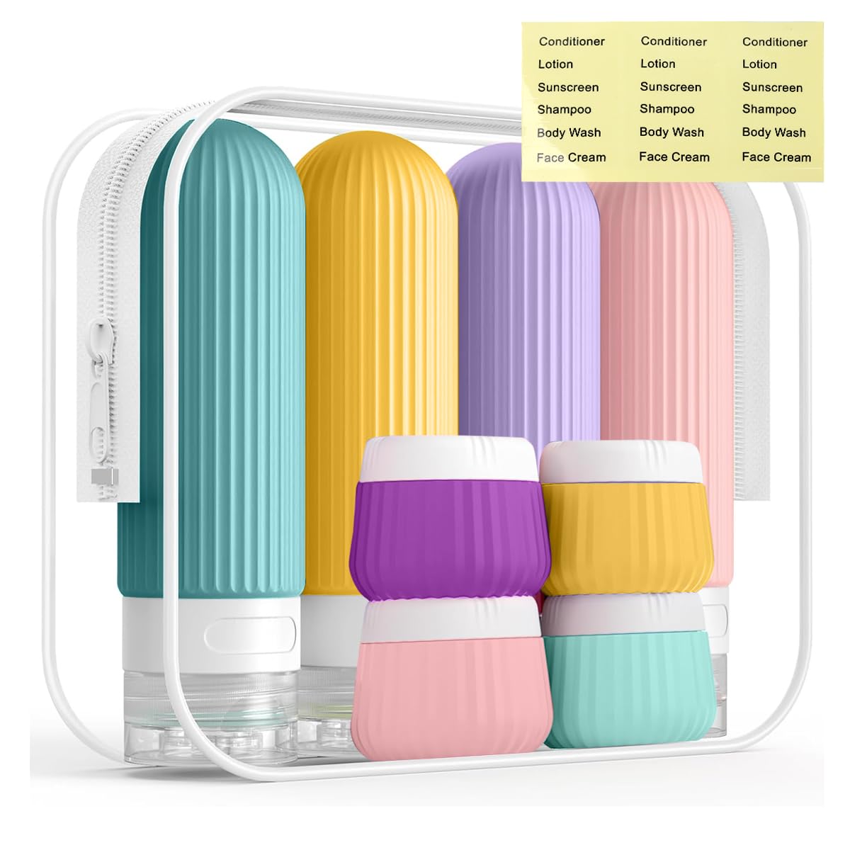 HASTHIP® Juego de Botellas de Viaje 8 Piezas,Botellas Silicona 90ml y Tarros Crema 40ml,Recargables y a Prueba Fugas para Champú,Loción Accesorios Tocador Aprobados po