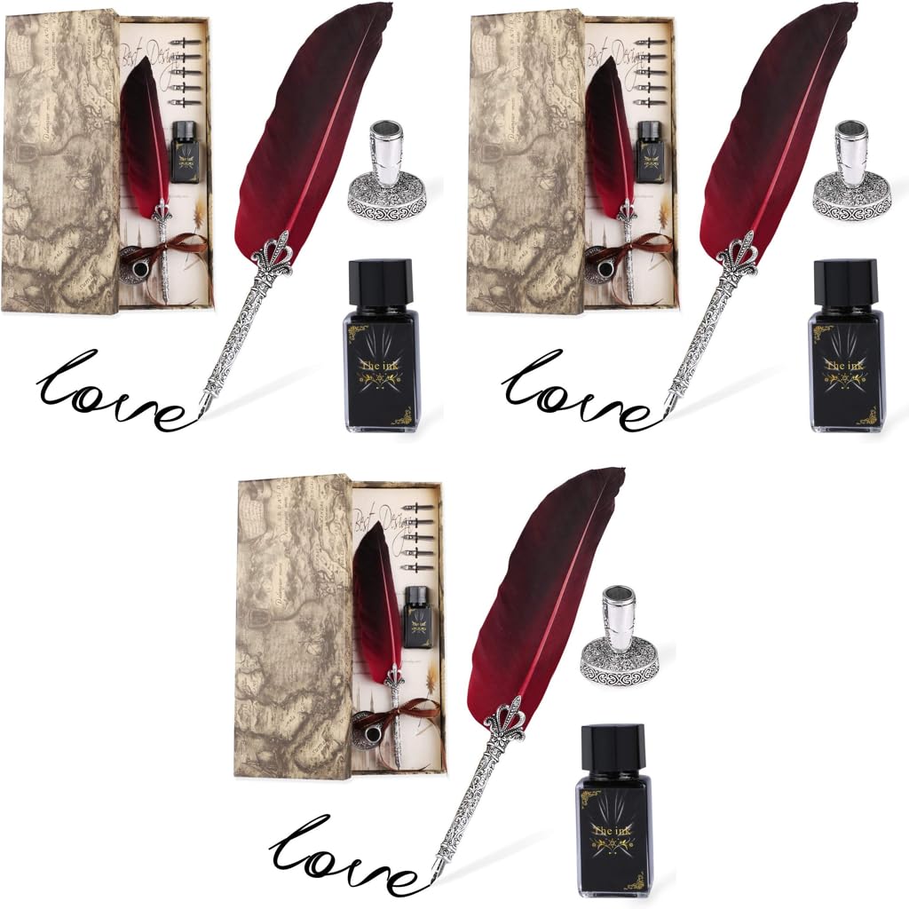 HASTHIP Calligraphy Feather Dip Quill Pen Set with 5 Nibs and 15ml Ink | Red Writing Gift Box