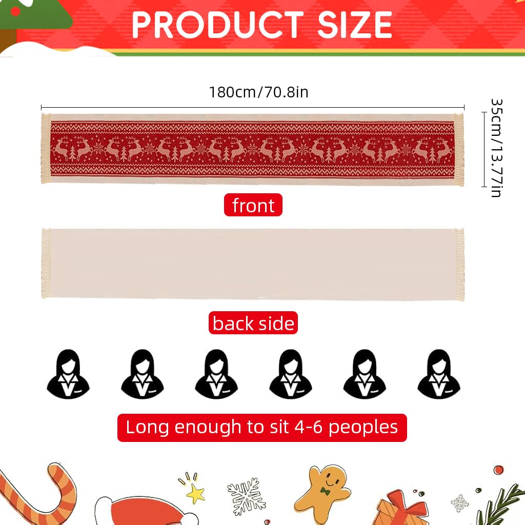 HASTHIP Christmas Table Runner for Holiday Dining with Tassel Edges 13.7x70.8 in Cotton Linen | Festive Red Elk and Snowflake Design