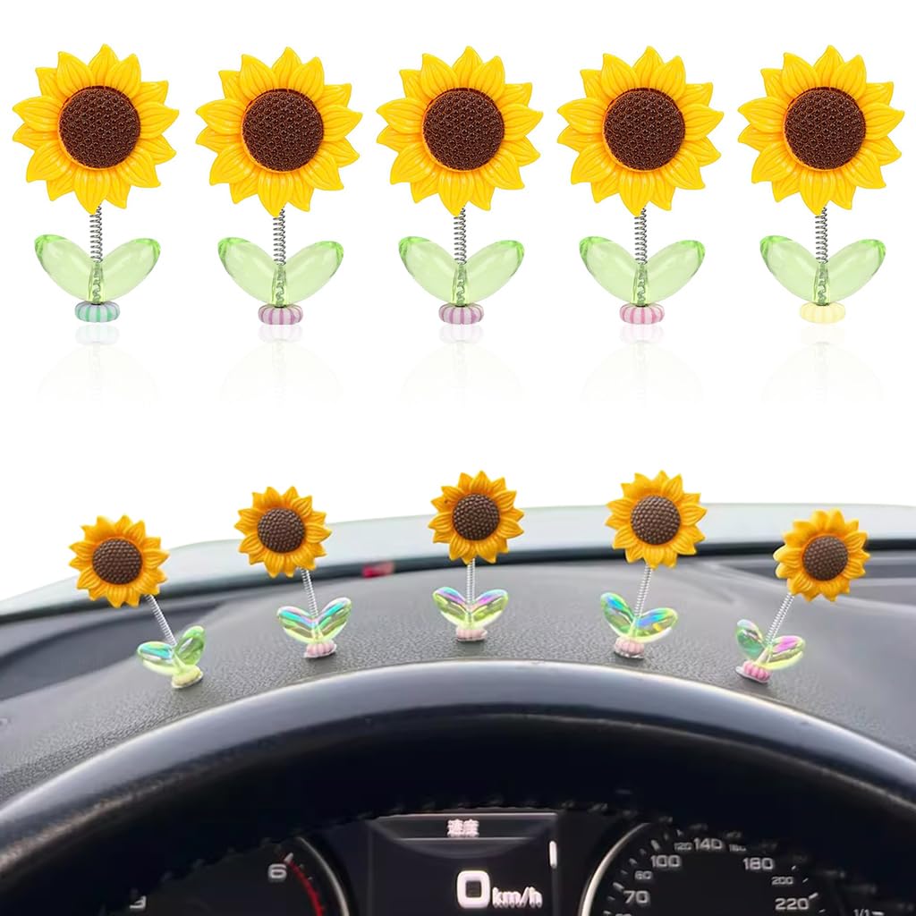 HASTHIP® 5 Piezas Mini Girasol Decoración de Coche 2.36 Pulgadas Colgante Girasol de Resina Autoadhesivo Extraíble Adornos Tablero y Escritorio,Decoración Interior Coche 2025,Regalo