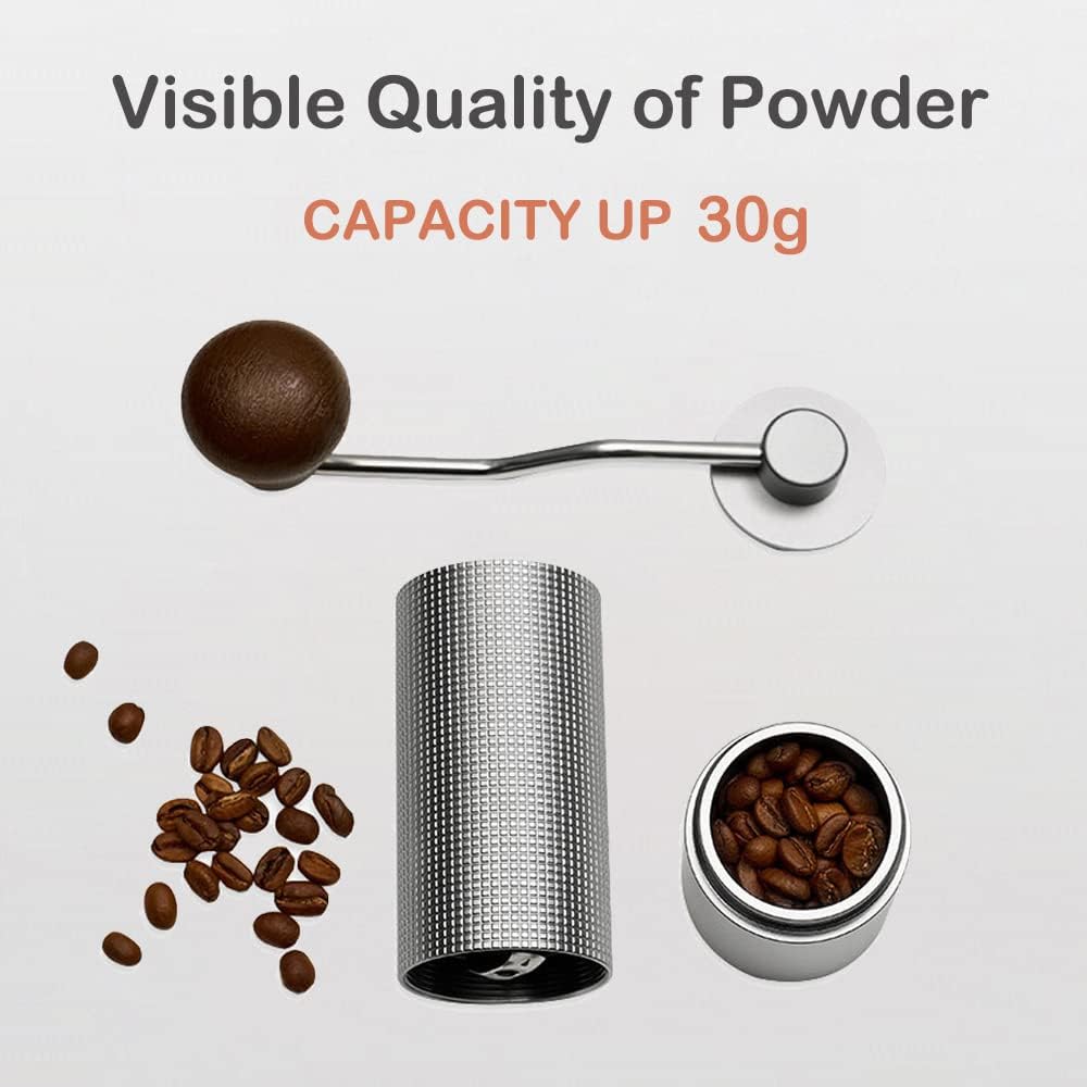 Coffee Grinder Machine Full Metal Manual Coffee Bean Grinder with Grind Size Adjust Knob 25g Capacity CNC Steel Conical Burr & Wooden Grip Handle for Camping Espresso Hand Brew Coffee Crusher