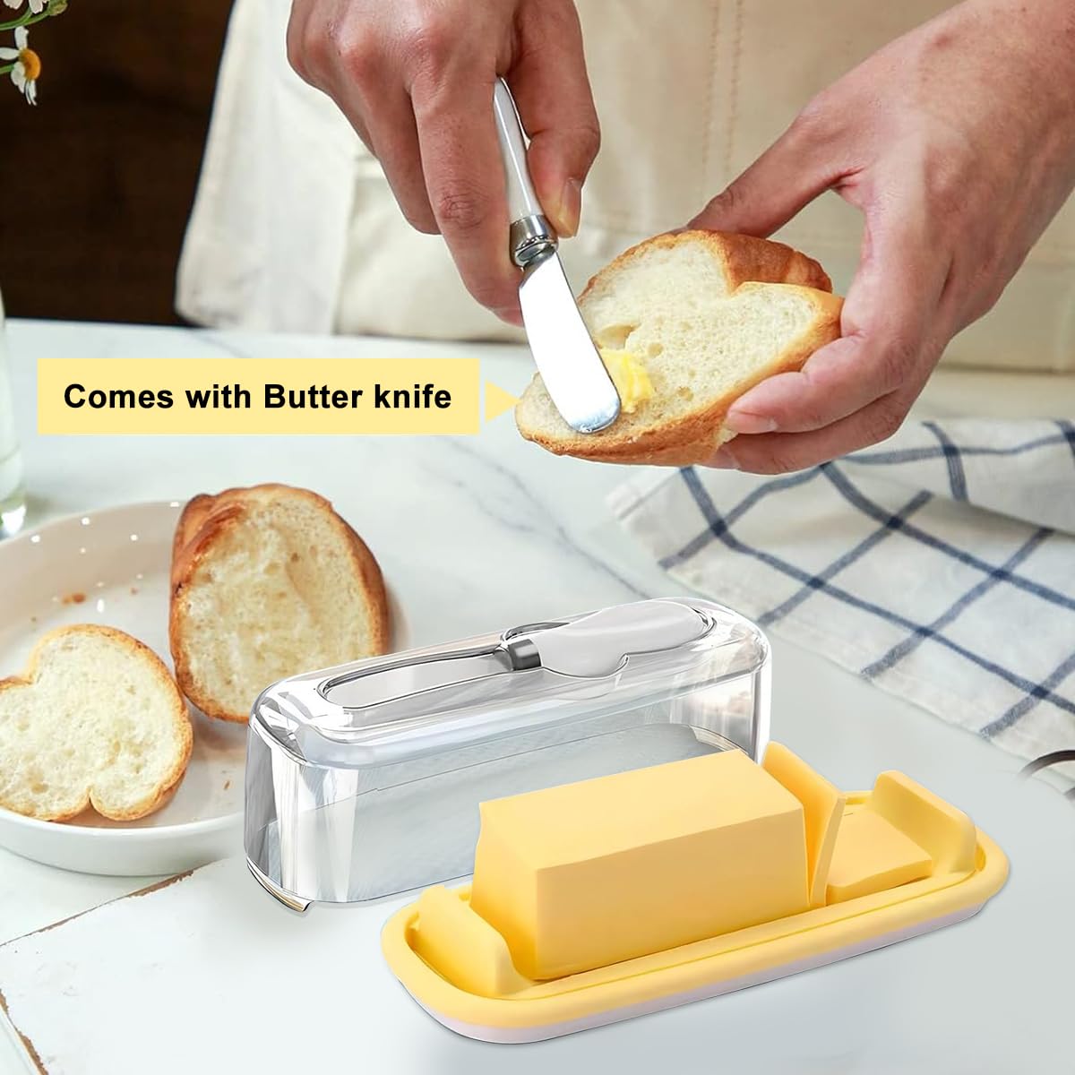 Butter Box with Lid Butter Storage Case Food Grade Silicone Butter Dish 7.5'' x 3'' Small Butter Box 2 in 1 Lid with Cutter Storage Slot Butter Holder for Table, Fridge