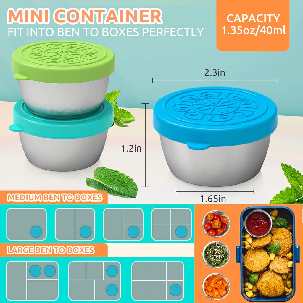 HASTHIP® 6 Pack Small Condiment Containers with Lids, 40ml Leakproof Salad Dressing Container To Go, Stainless Steel Sauce Container with Silicone Lids, Reusable Small Dipping Sauce Cups