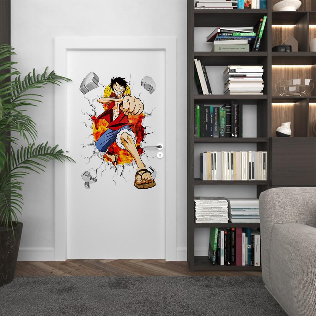 1 Sheet 3D Wall Paper Sticker Anime Onepiece Monkey D Luffy 3D Wall Paper Self Adhesive PVC Wall Paper Removable Cartoon 3D Wall Paper for Kids Room, Bed Room, Living Room, 19.6 x27.5 inches