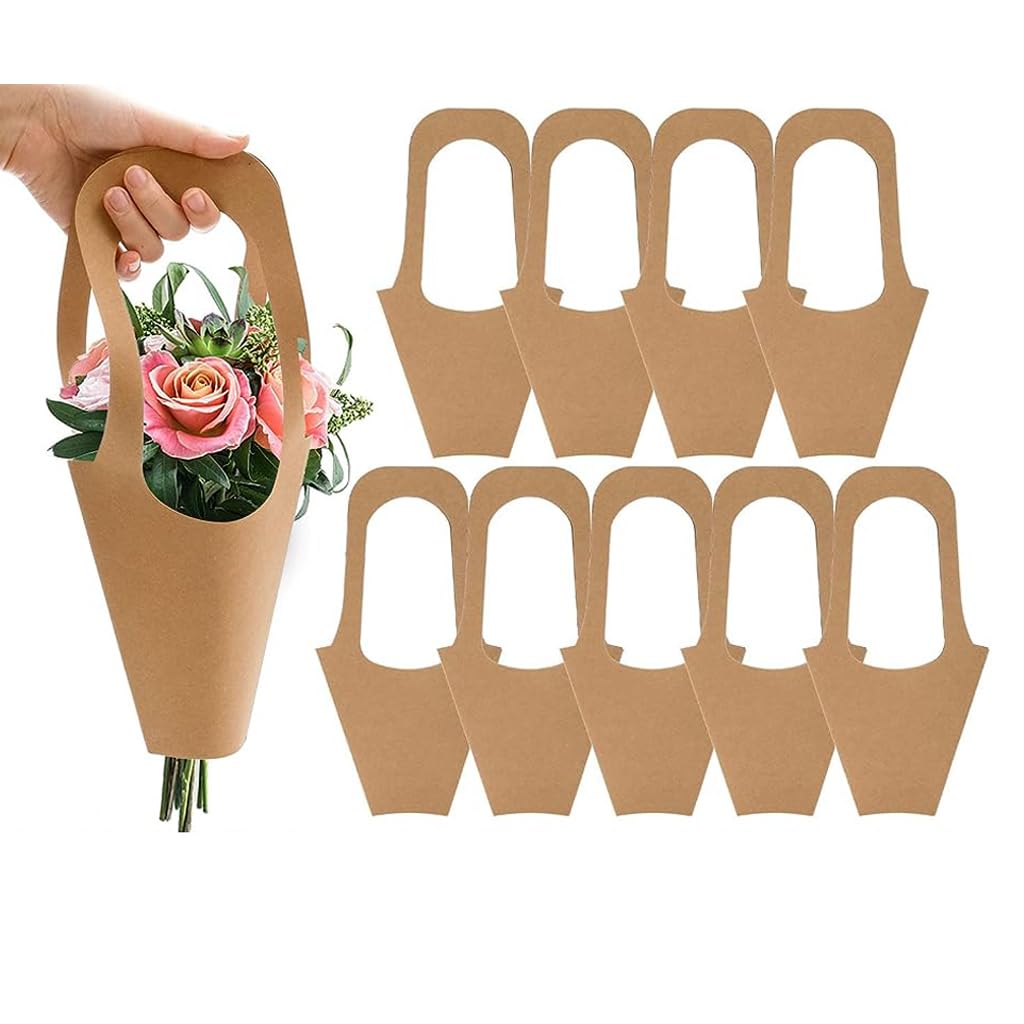 10pcs Flower Bouquet Gift Wrapping Paper with Handle Flowers Gift Wrap Bag Vintage Kraft Paper Flower Bouquet Carry Bag Flower Shop Gift Pack, Home Decoration