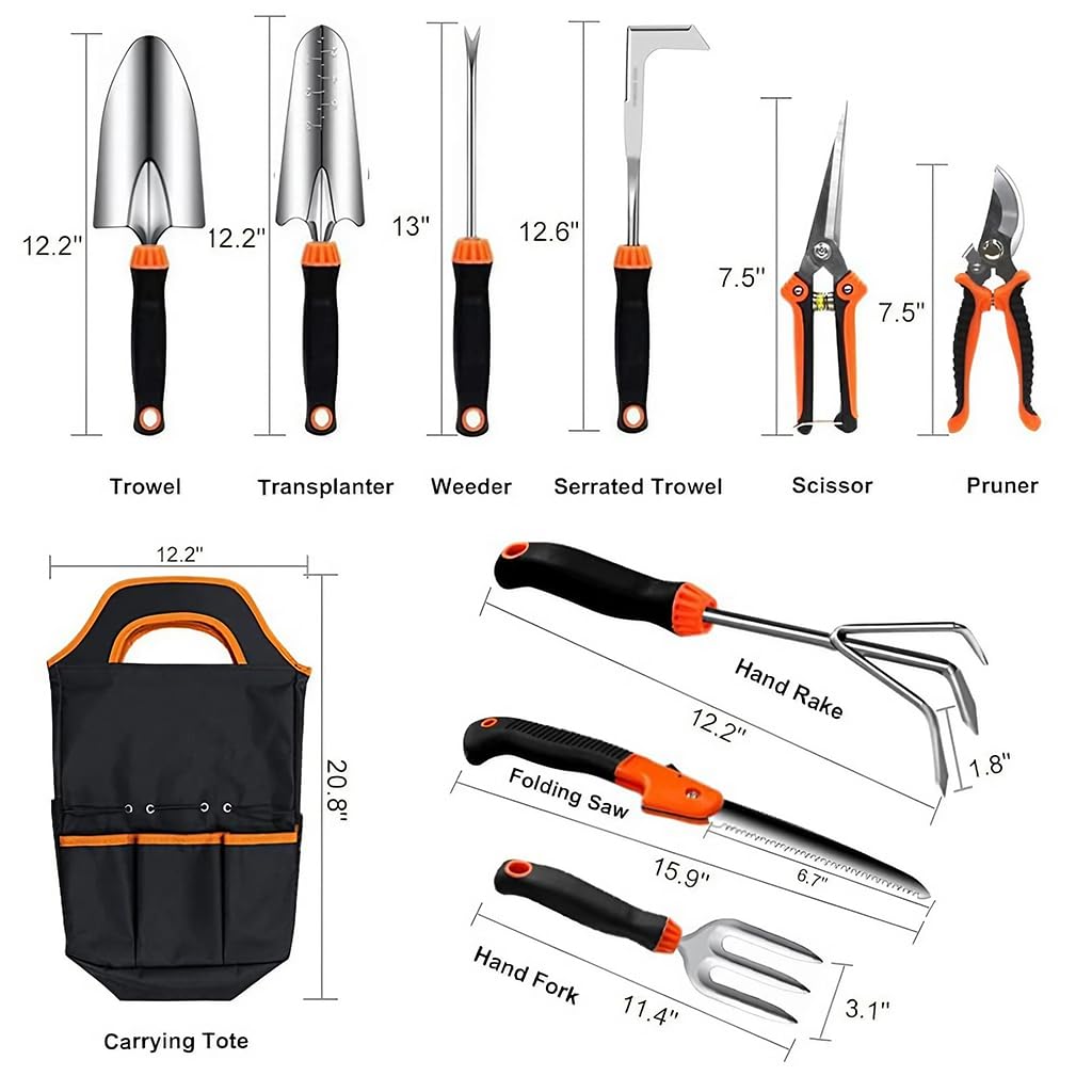 HASTHIP® 10Pcs Gardening Tools Set - Heavy Duty Stainless Steel - Gardening Tools Kit for Home Garden - Plant Cutter for Home Garden - Manual Planting Tools with Tool Bag - Suitable for Patio & Lawn