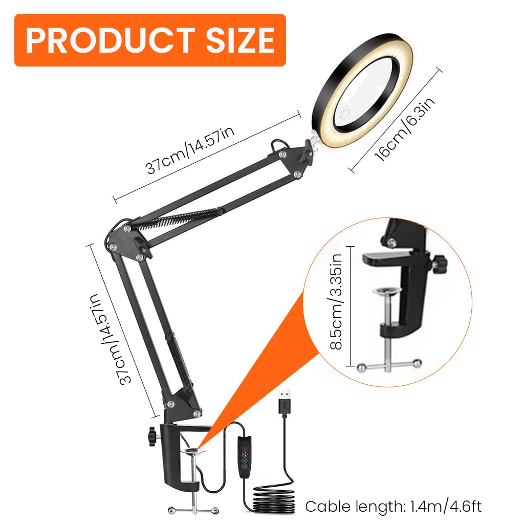 HASTHIP Desk LED Magnifier for Repairing and Reading with 15X Lens and Flexible Arm | USB 3‑Color Lighting