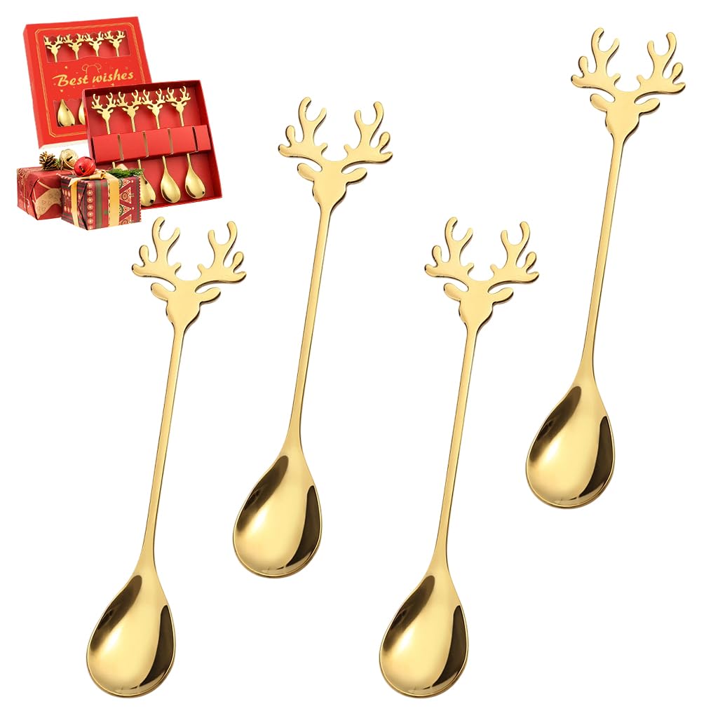 HASTHIP Christmas Spoon Set for Coffee and Dessert with Elk Antler Handles | 4-Piece Golden Stainless Steel Gift