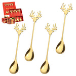 HASTHIP Christmas Spoon Set for Coffee and Dessert with Elk Antler Handles | 4-Piece Golden Stainless Steel Gift