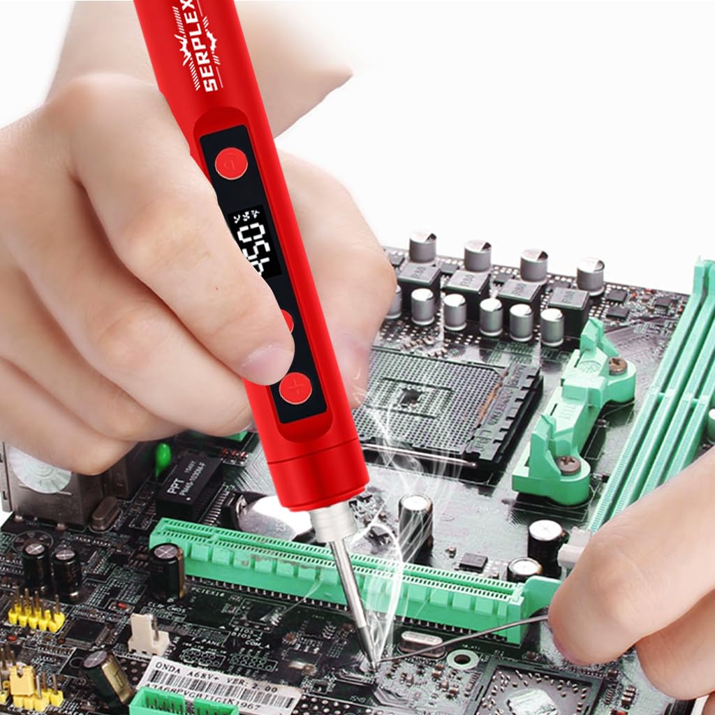 HASTHIP® 15W LCD Cordless Soldering Iron Kit 1100mAh Rechargeable, 180-450°C Adjustable Temperature, with 2 Replacement Tips, for Electronics Repair, DIY Crafts, Welding Tool Set-Red