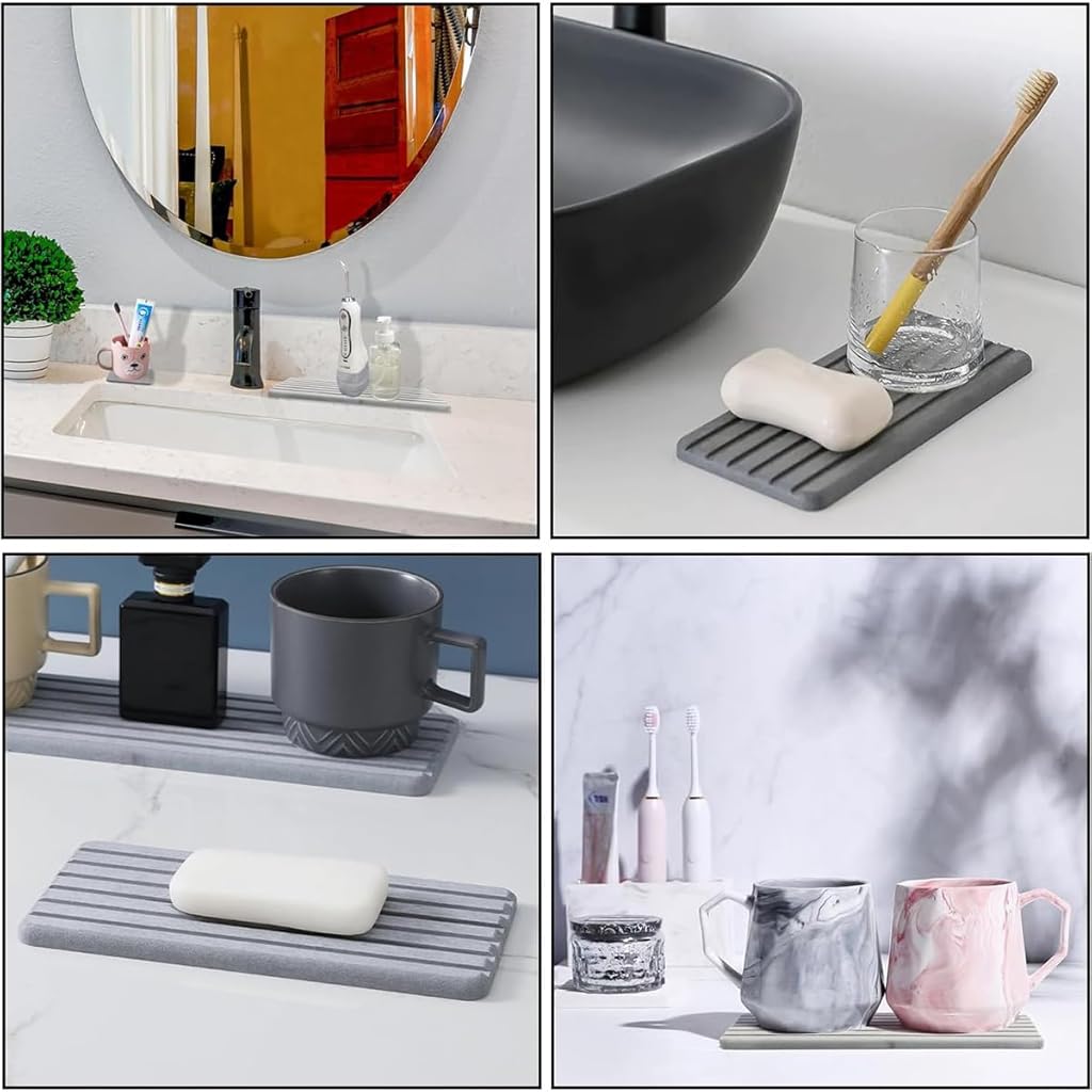 HASTHIP® Set of 2 Diatomite Soap Dishes with Drain, Water Absorbent Non-Slip Bathroom Tray, Fast Drying Rectangle Coaster for Sink, Shower, Kitchen Counter, Travel & Toiletries (Grey)