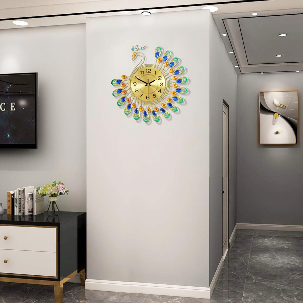 HASTHIP Peacock Metal Wall Clock for Home Décor with Silent Quartz Movement and 15 Inch Design