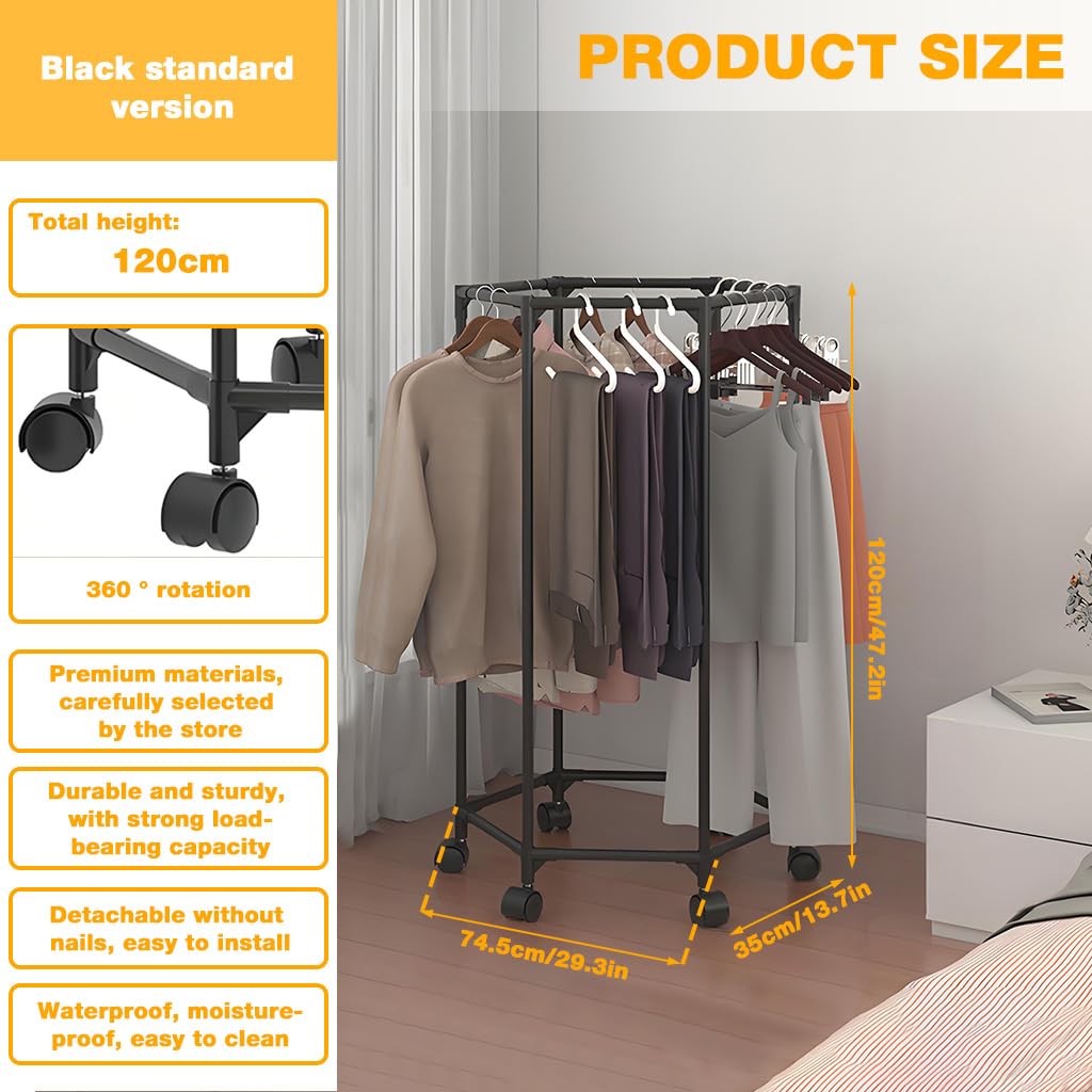 HASTHIP Cloth Hanger Rack for Laundry Room featuring Hexagon Design with 360° Wheels | Stainless Steel 35x74.5x120cm