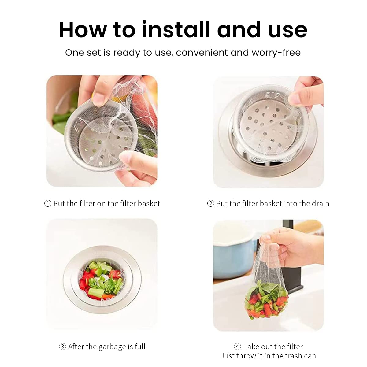 HASTHIP Kitchen Sink Filter Bags 300 pcs for Anti Clogging with Elastic Mesh Strainer | Fits Most Drains
