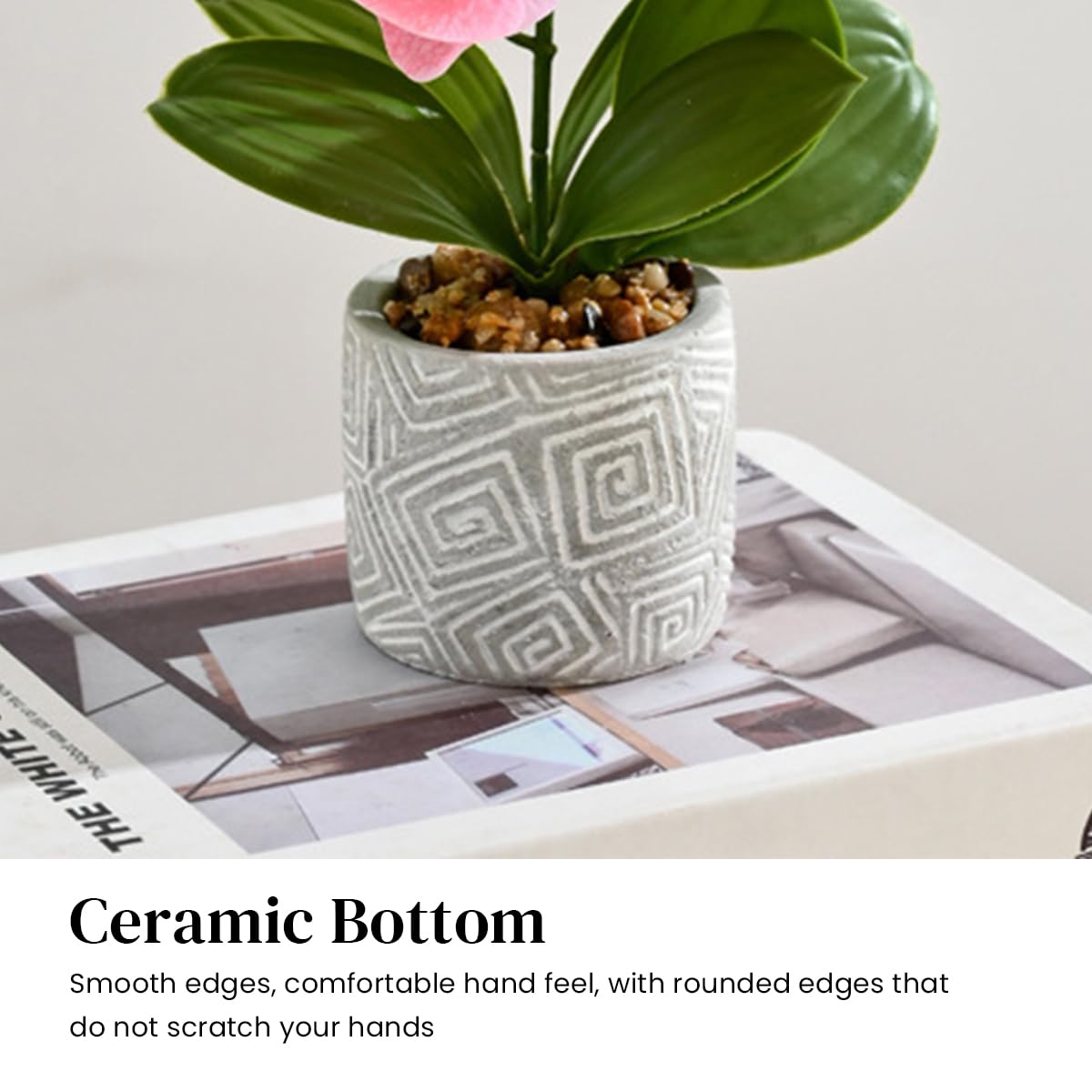 HASTHIP Artificial Orchid Plant for Home Decor with 28 cm Cement Pot featuring Soft Rubber Petals