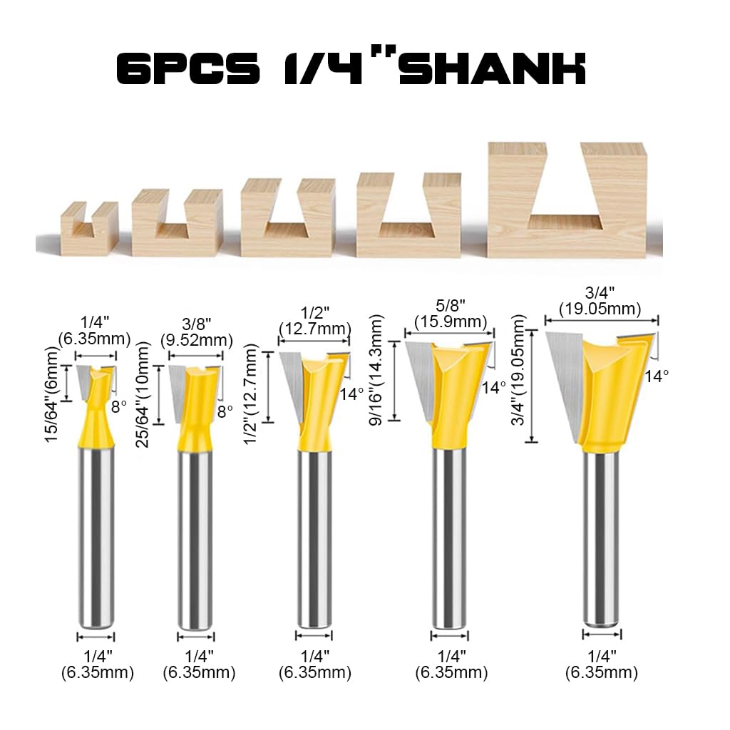 HASTHIP® Router Bit Set with 1/4'' Shank, 5 Sizes Groove Milling Cutters, Tungsten Steel Router Bits Set, Cutting Dia in 1/4" 3/8" 1/2" 5/8" 3/4", Woodworking Milling Cutter Tools for Woodworking