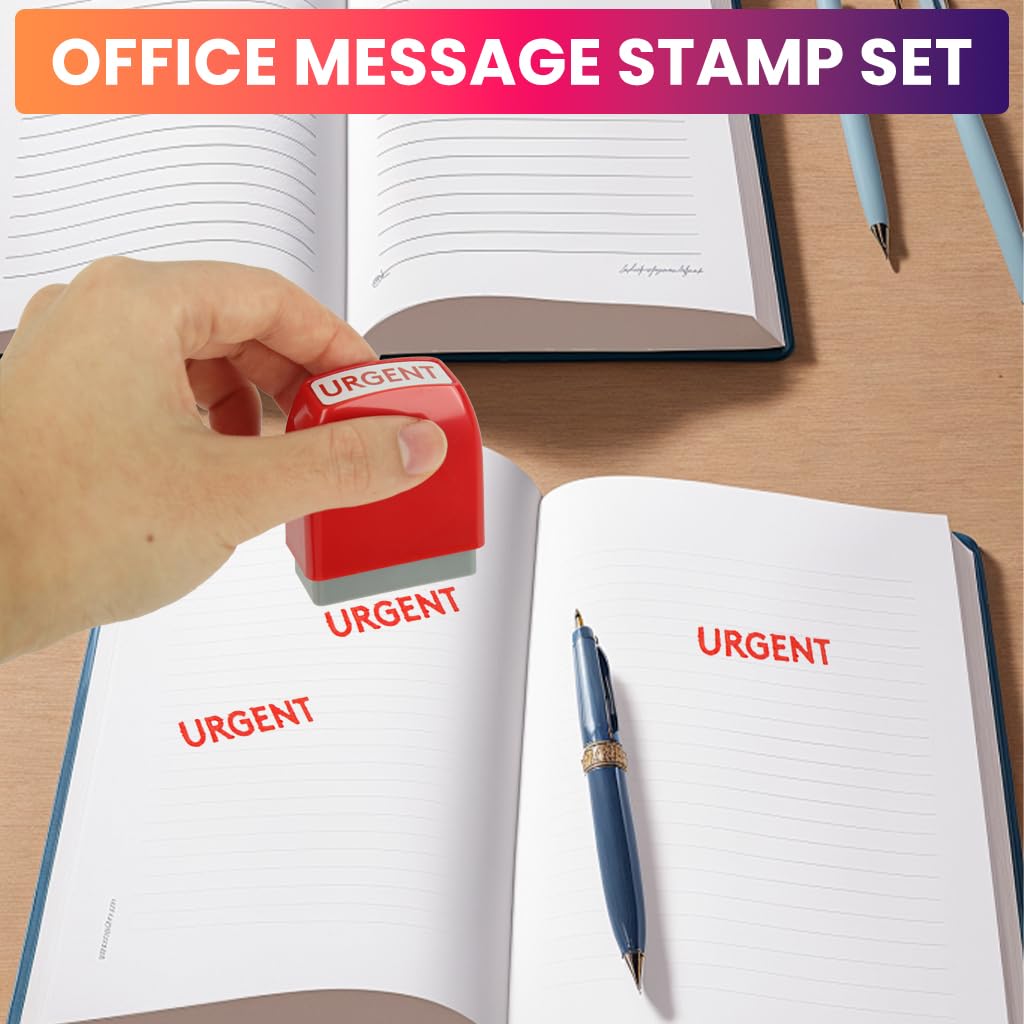 HASTHIP® 8PCS Self-Inking Office Stamps Set,Business Rubber Stamps in Red & Blue Ink,Paid Copy Scanned Faxed Approved Completed Message Work with Storage Tray Multicolor for Documents & Office