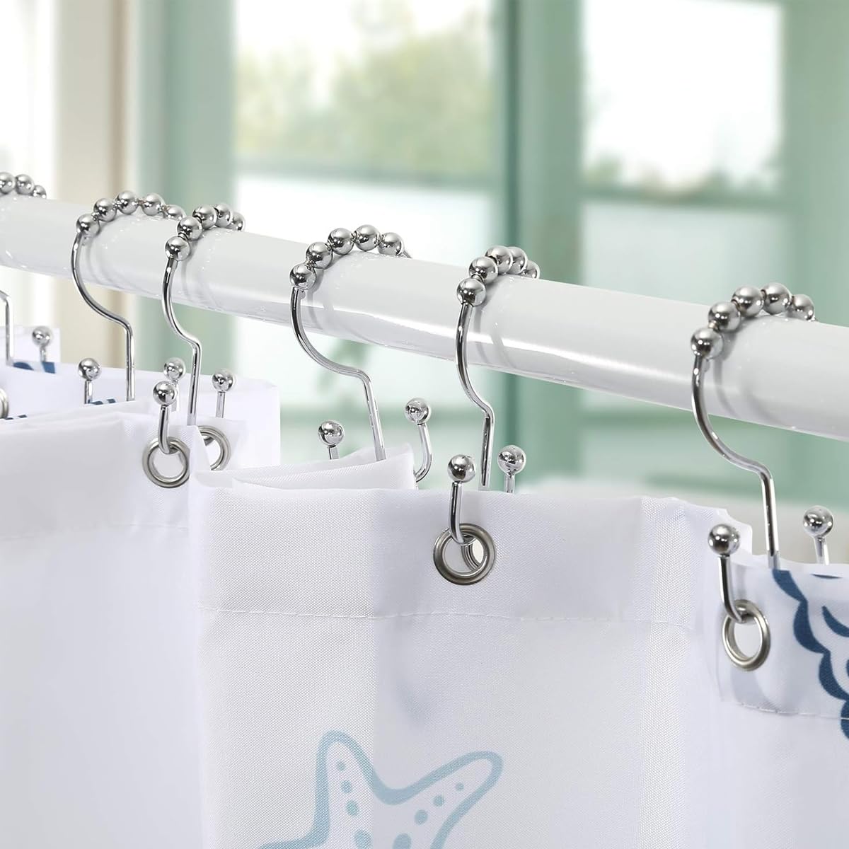 HASTHIP Metal Shower Curtain Hooks for Bathroom with Double Hook Design and Roller Gliders | 12PCS Silver Set
