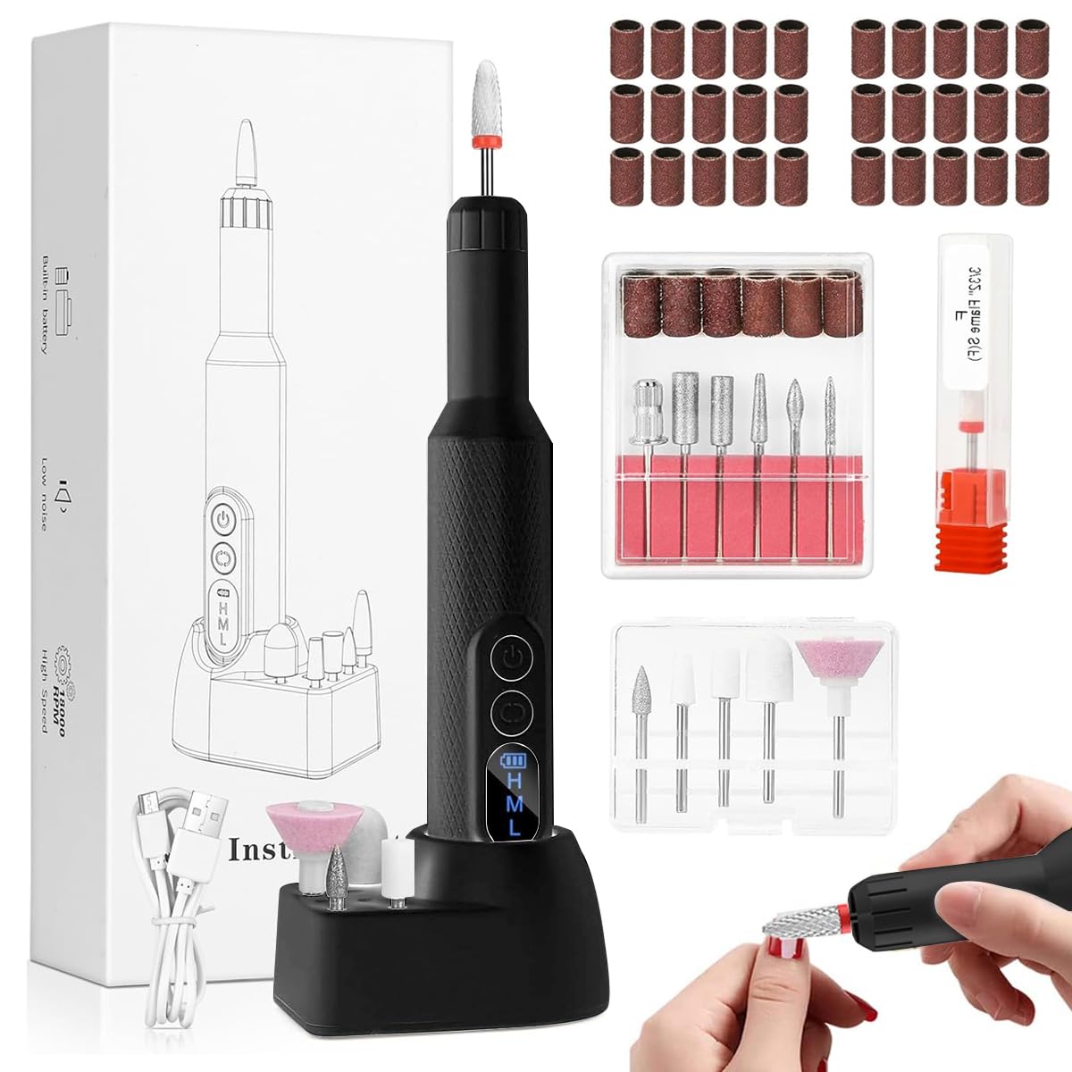 HASTHIP® Taladro de Uñas Inalámbrico Profesional con Pantalla LCD,Velocidad Ajustable 20000RPM,Kit de Brocas Eléctrico Portátil para Manicura y Pedicura Lima Uñas Recargable USB para Gel y