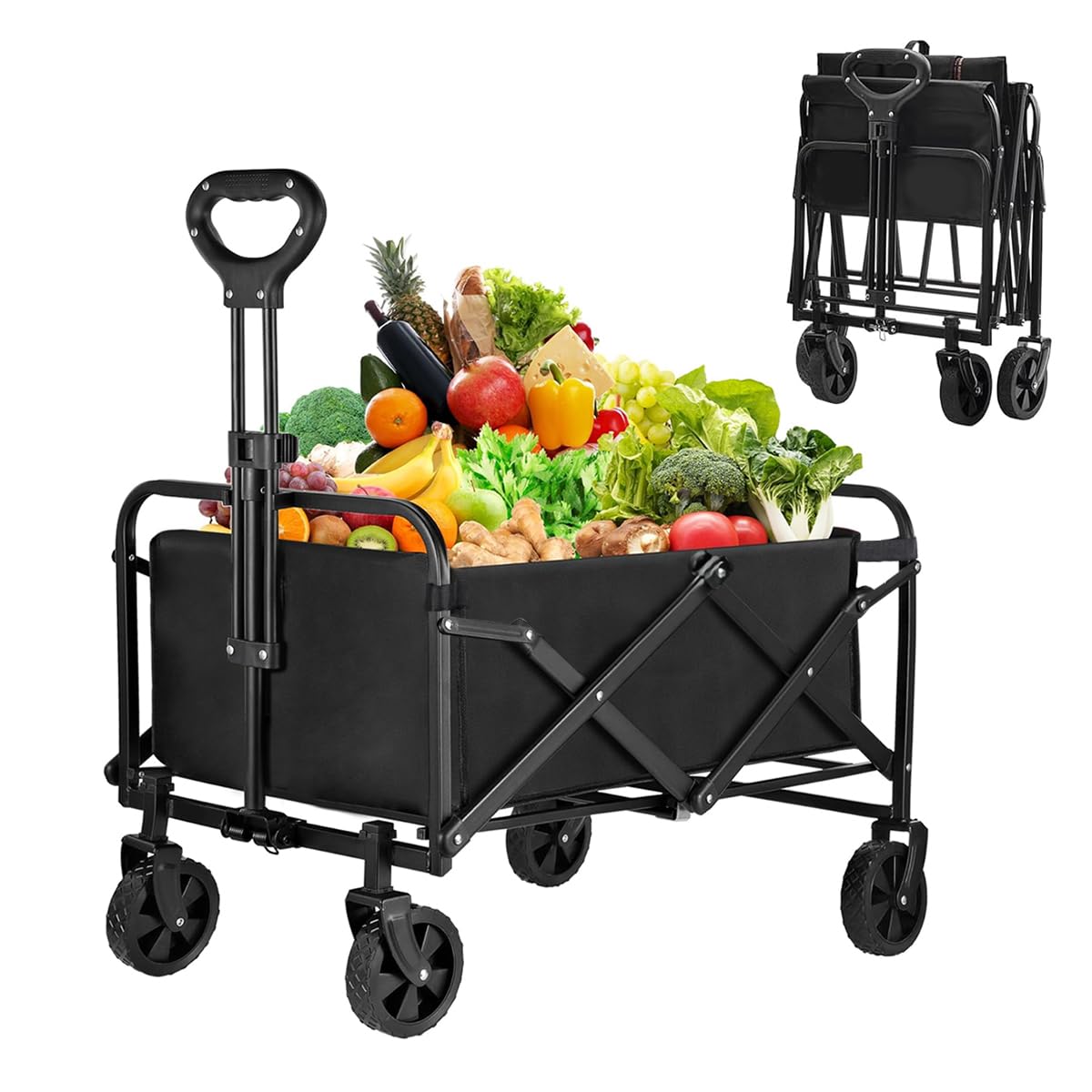 HASTHIP® Collapsible Camping Cart for Beach, Garden, Camping, Sport with Universal Wheels & Adjustable Handle, Heavy Duty Carbon Steel Frame Folding Wagon, Max 100kg, 100L